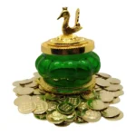 Sidkuil Puja Store Kubera Pot with 108 Coins/Toughened Glass Kubera Lakshmi Hardened Glass Gold Pot and 108 Brass Coins with Gold Polished